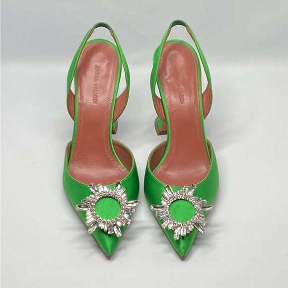 Amina Muaddi  Begum 95MM Satin & Crystal-Adorned Slingback Pumps size 37.5 - Picture 4 of 14